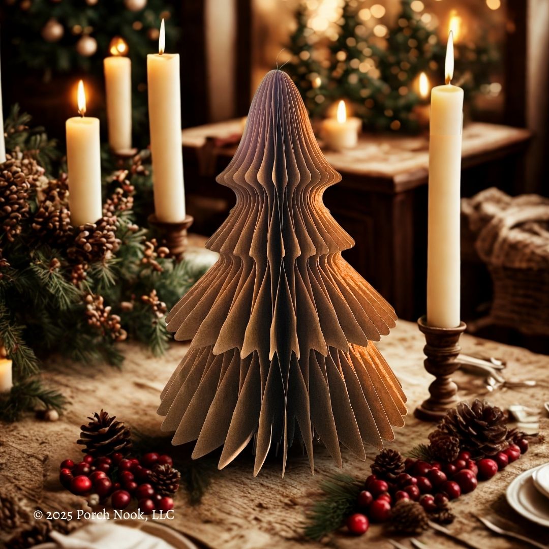 Craft Paper Christmas tree on a table with candles and decorations