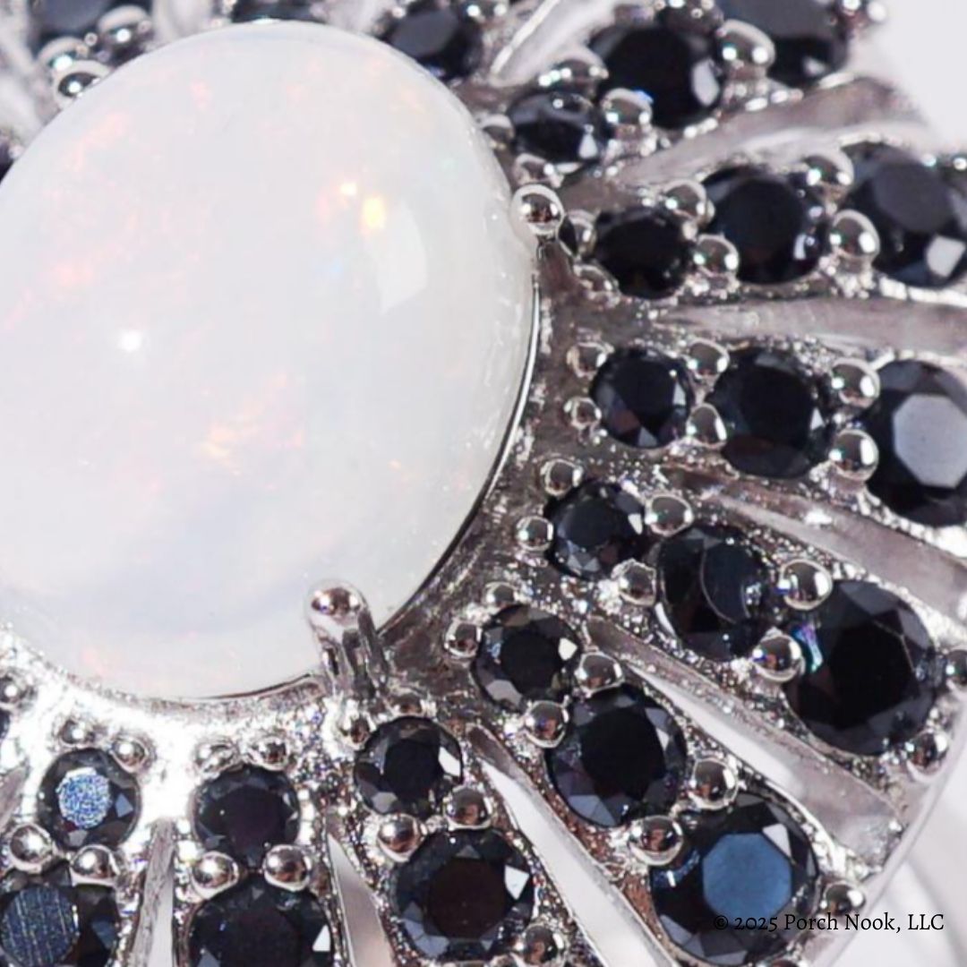 Vintage Sterling Silver Opal & Sapphire Sunburst Cocktail Ring, Mid-Century