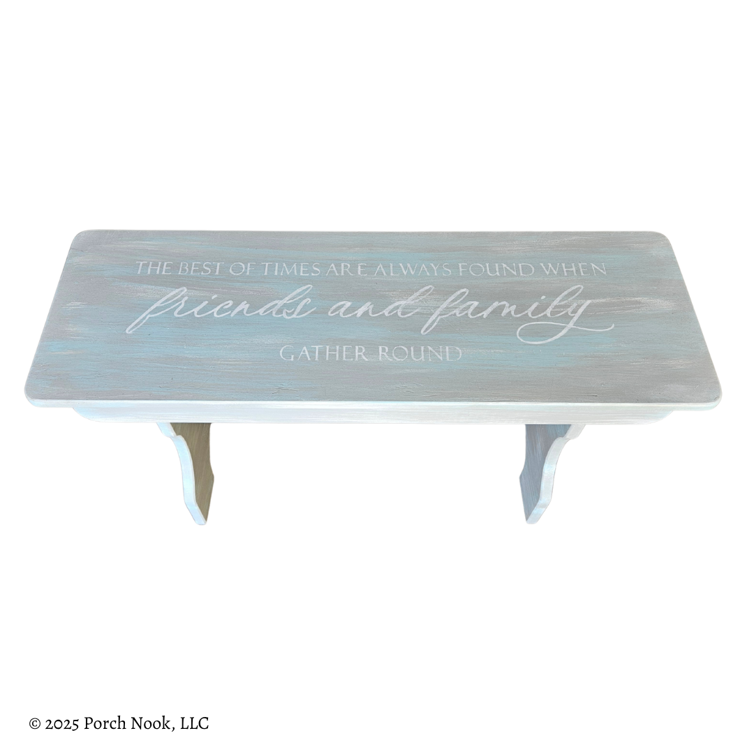 Top side perspective of Vintage Solid Wood Bench, Hand-Painted Coastal Style with Quote