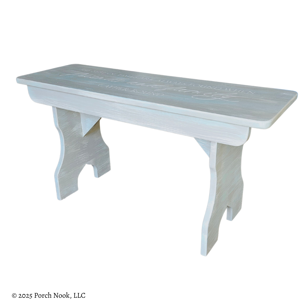 Right side perspective of Vintage Solid Wood Bench, Hand-Painted Coastal Style with Quote