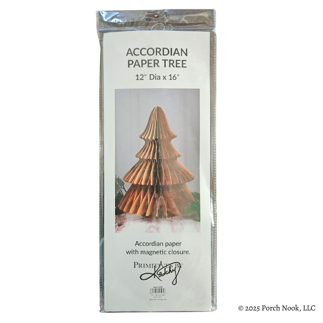 Accordian paper tree packaging with product image and text on a white background