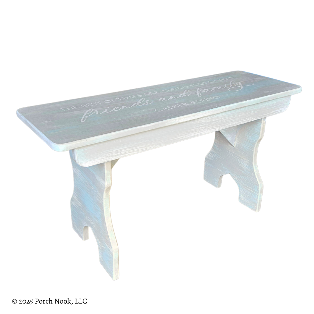 Left side perspective of Vintage Solid Wood Bench, Hand-Painted Coastal Style with Quote