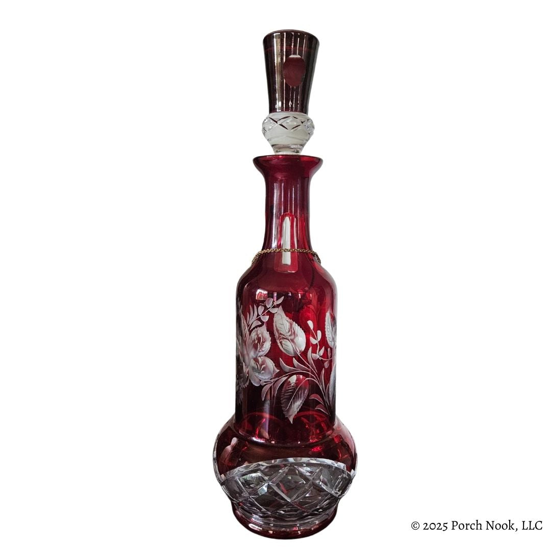 Porch Nook | Vintage Mid-Century Bohemian Czech Crystal Cut Cranberry Clear Decanter – “Vodka” Tag