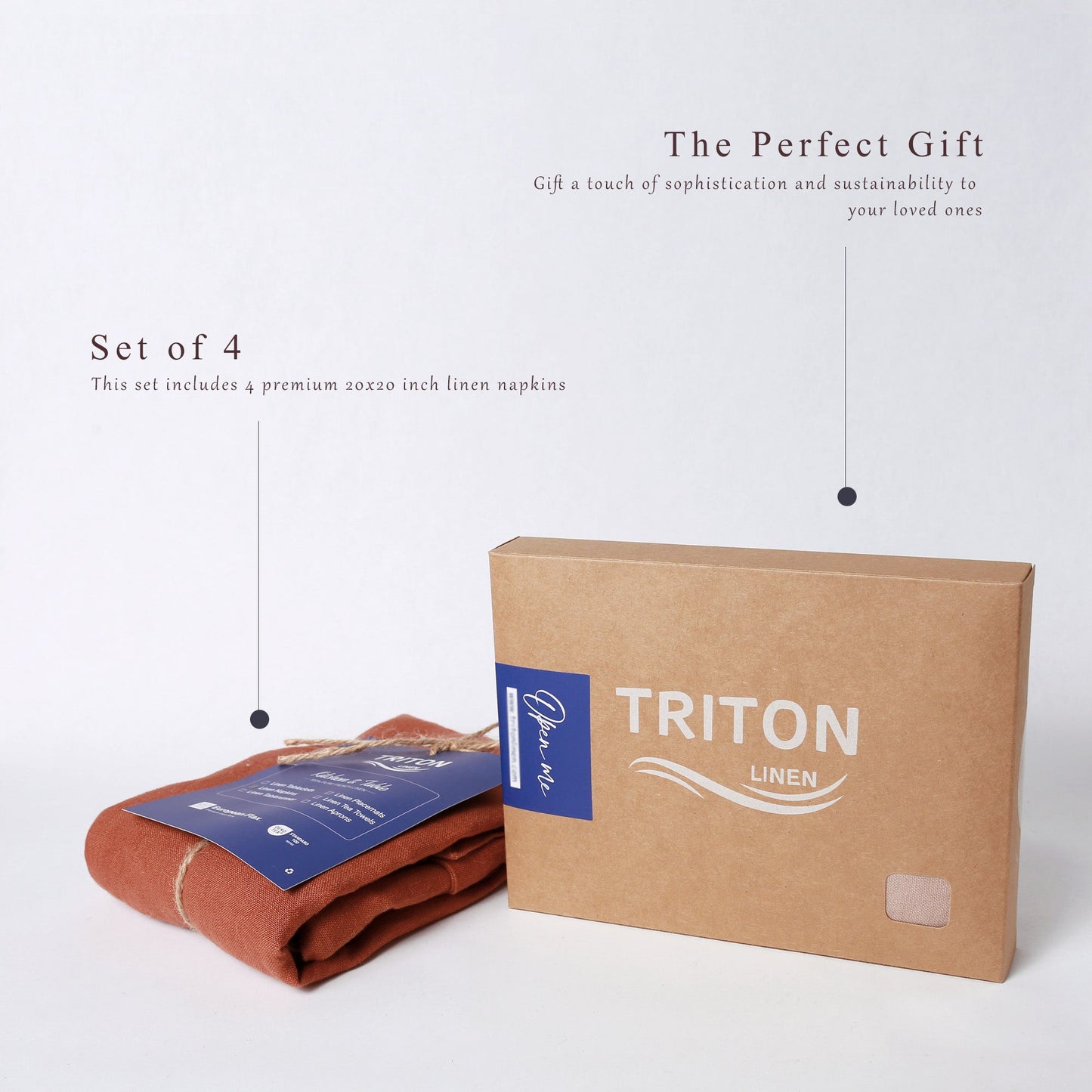 A set of four brown linen napkins next to their kraft paper packaging box with a blue brand label. The image includes text overlays describing the set as 'The Perfect Gift' and detailing the 20x20 inch napkins.