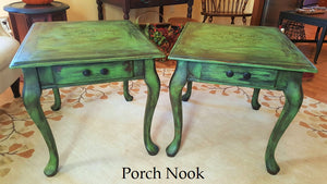 EXAMPLE: End tables w/ "Sugar Snap Pea", distressed, clear and dark wax