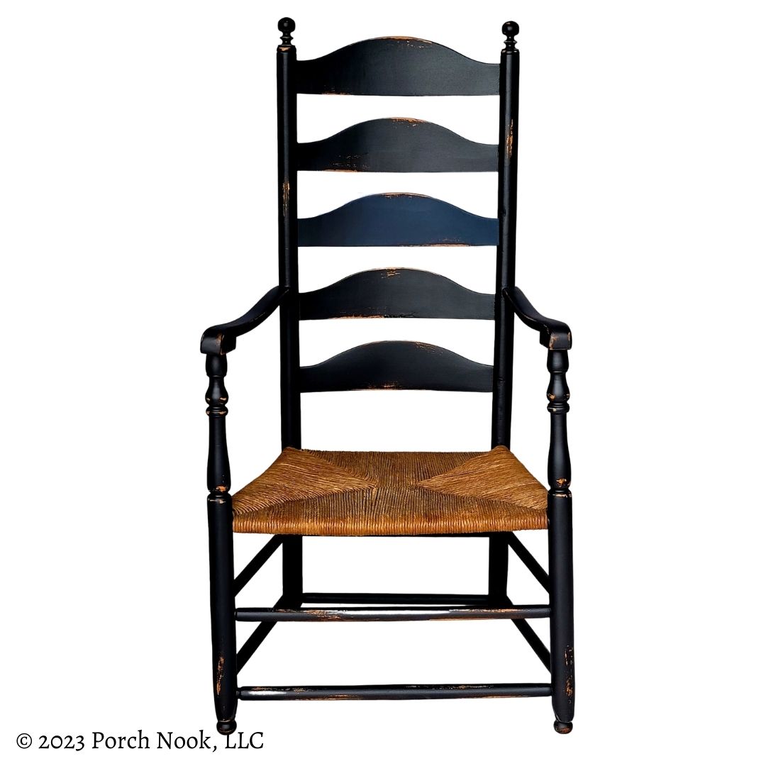 Porch Nook | Vintage Early American Style Ladderback Rush Seat Shaker Armchair