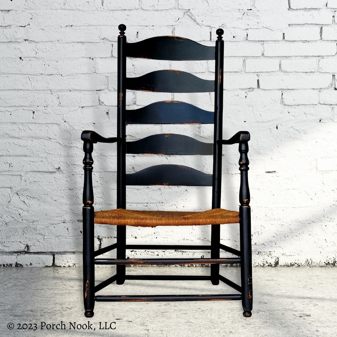 Porch Nook | Vintage Early American Style Ladderback Rush Seat Shaker Armchair