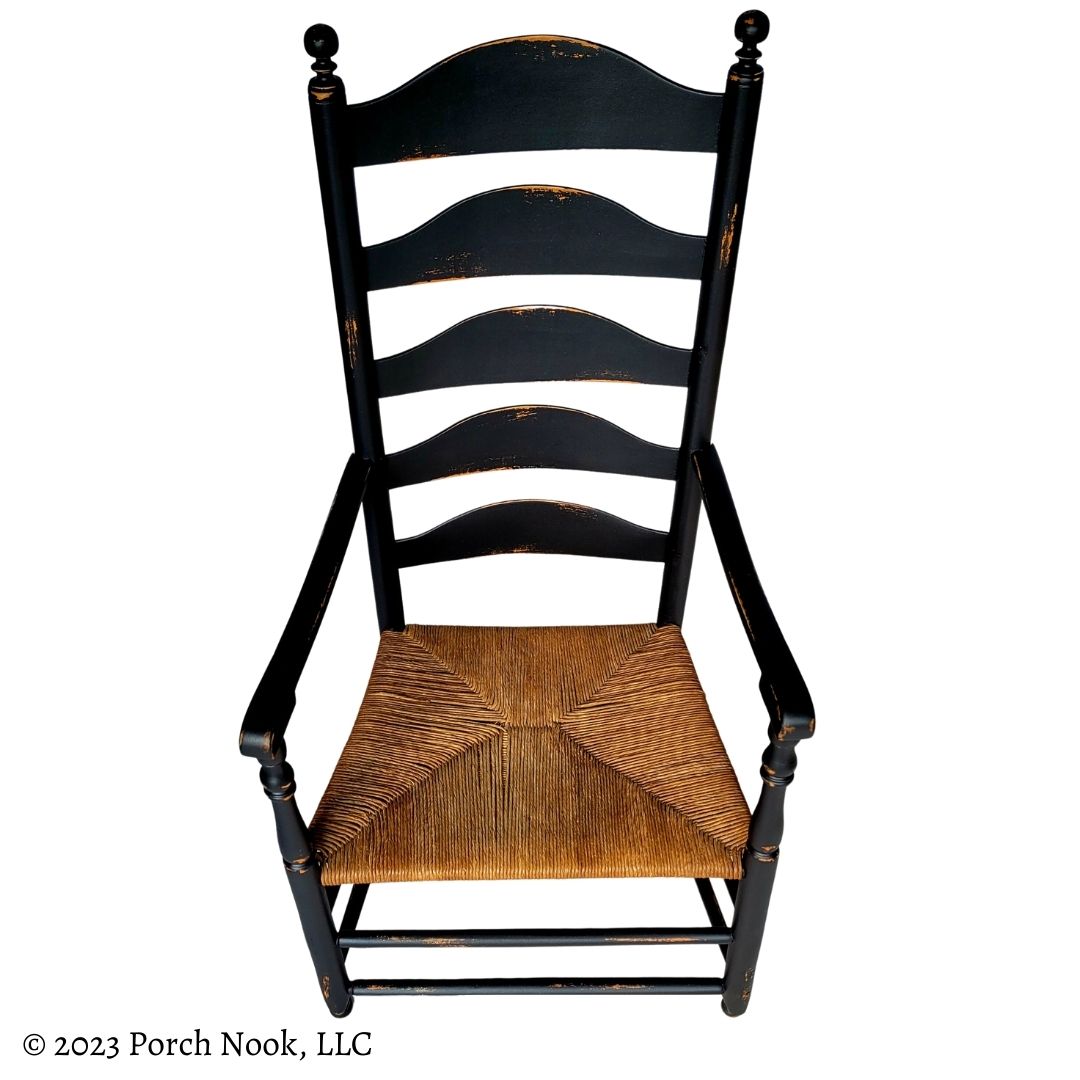 Porch Nook | Vintage Early American Style Ladderback Rush Seat Shaker Armchair