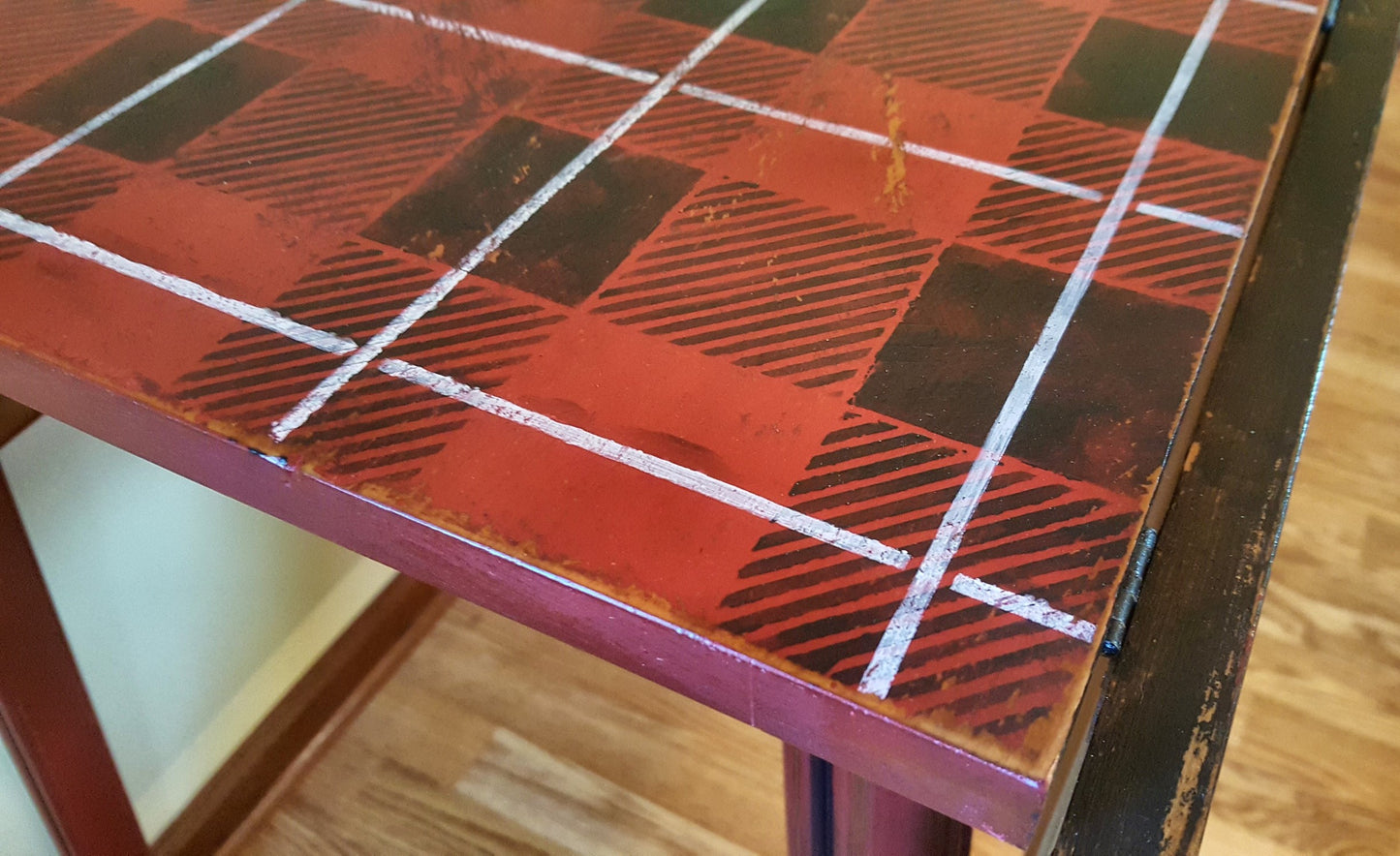 EXAMPLE: Leaf table w/ "Heirloom Tomato", "Charcoal" and "Ol' Faithful",, distressed, polycrilic