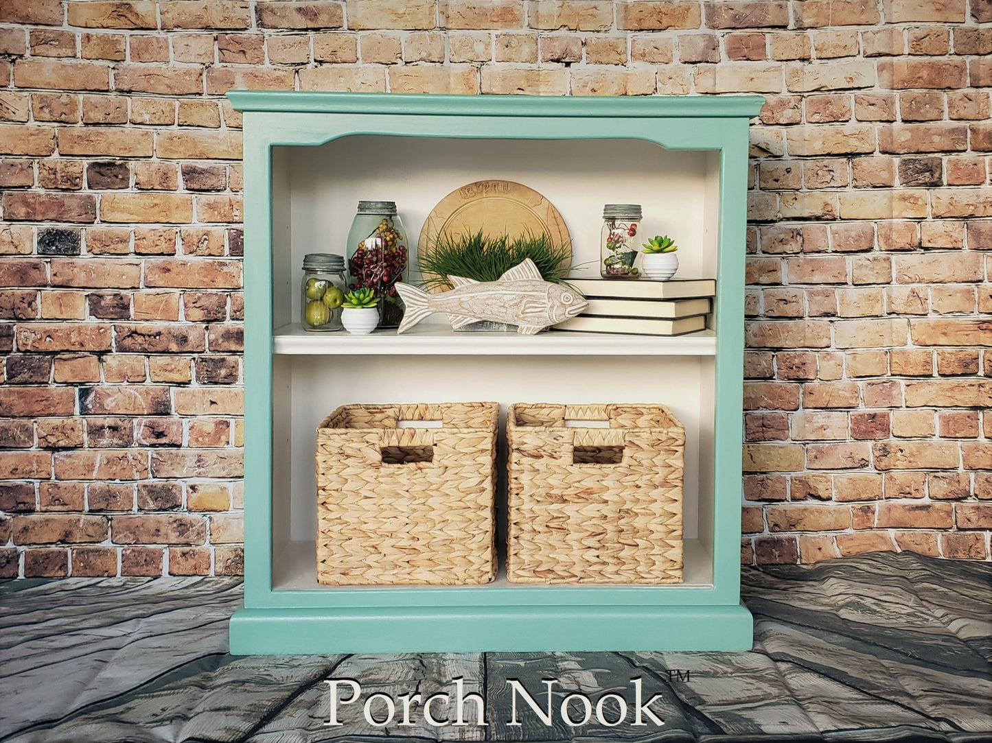 EXAMPLE: Bookcase painted with "Sea Glass" and "Ol' Faithful"
