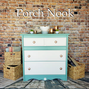 3 Drawer Dresser w/ Metallic Copper Pulls - Hand Painted w/ "Sea Glass" & "Ol' Faithful" by Porch Nook