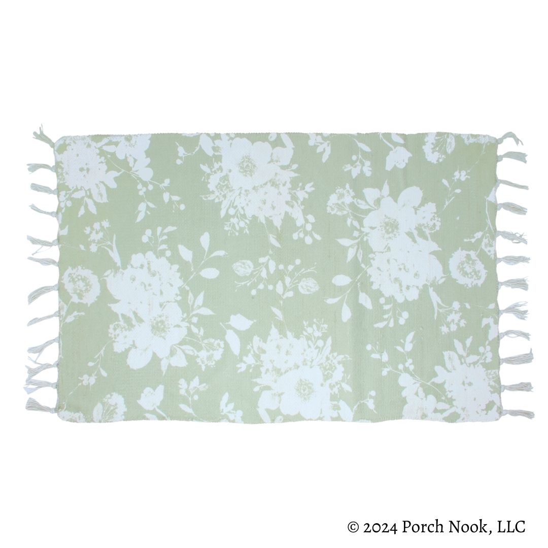 Porch Nook | Pastel Green Floral Tassel Area Rug, 34x20