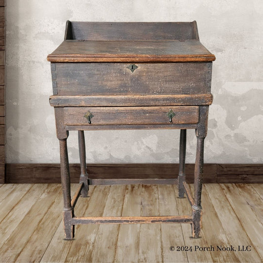 Porch Nook | Antique American Gray-Stained Pine School Master’s Slant Top Desk on Stained Maple Stand, Late 1700s-Early 1800s