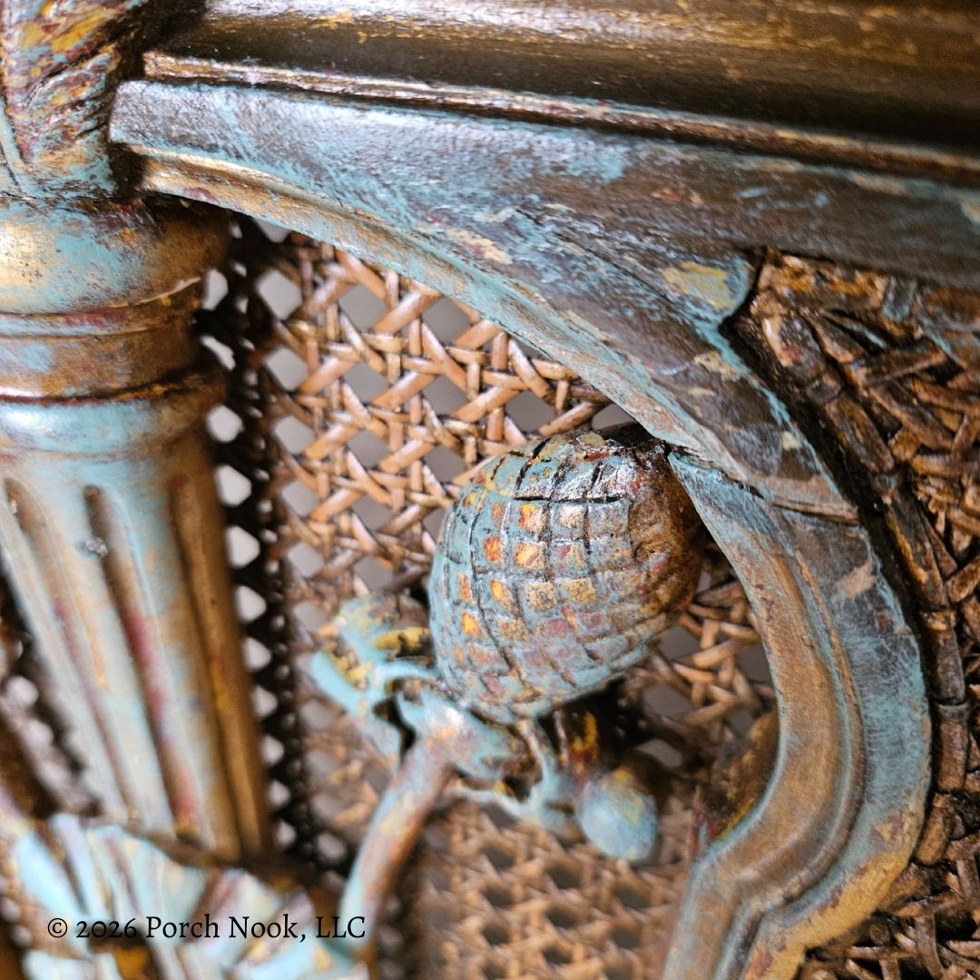Close-up of ornate hand carved woodwork with intricate designs and textures.