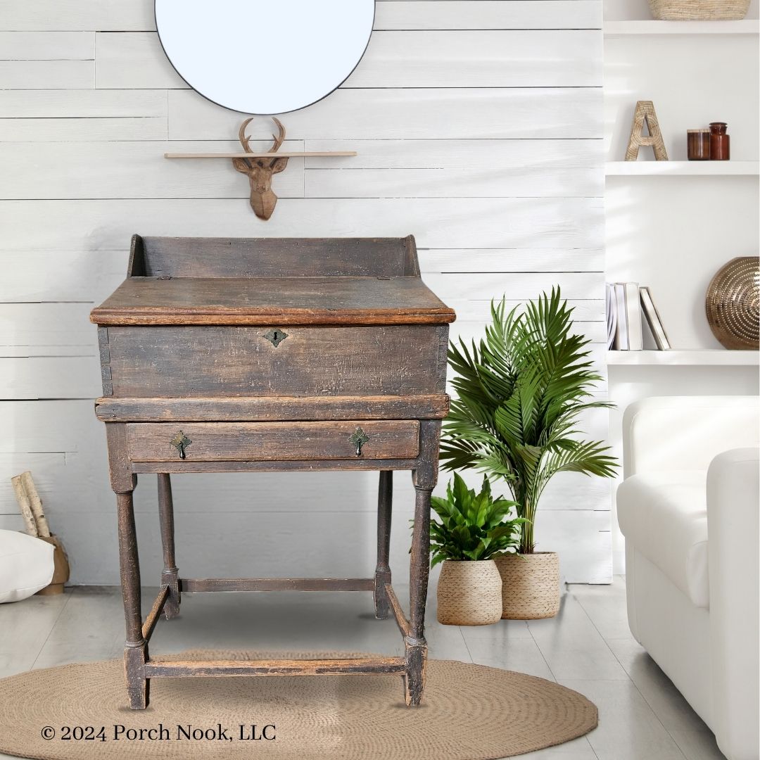 Porch Nook | Antique American Gray-Stained Pine School Master’s Slant Top Desk on Stained Maple Stand, Late 1700s-Early 1800s