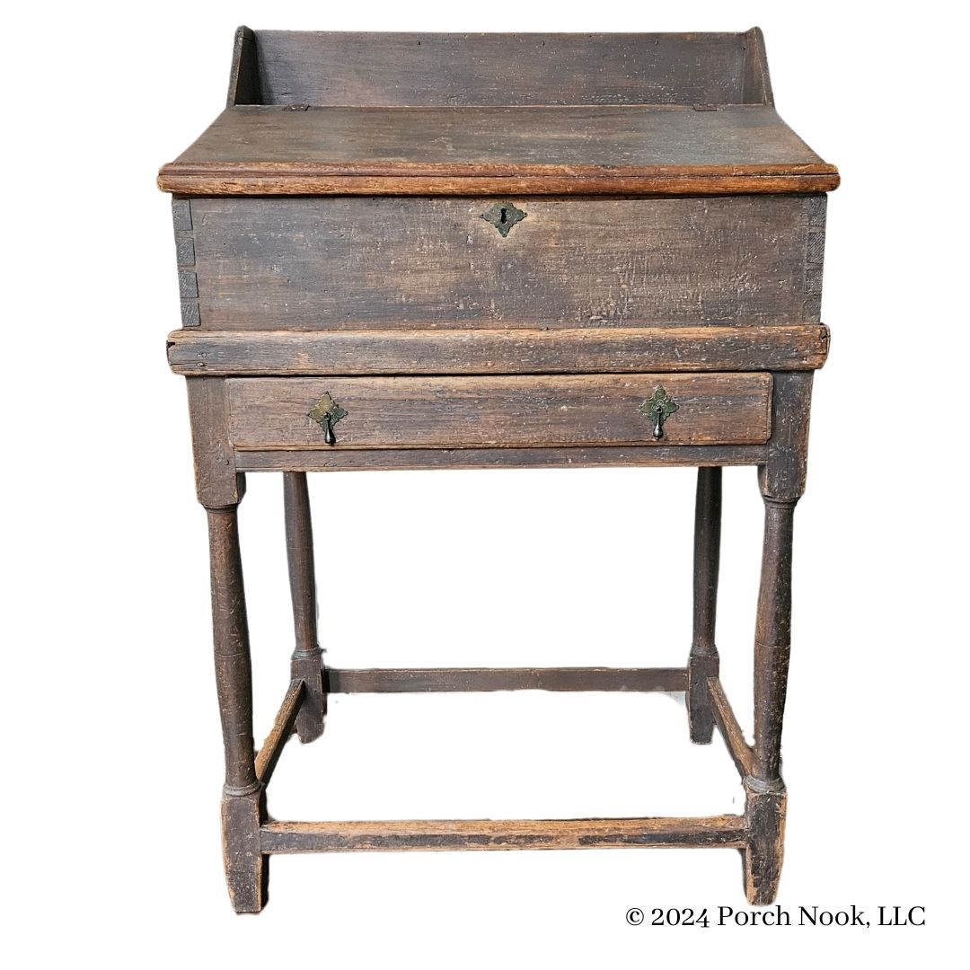 Porch Nook | Antique American Gray-Stained Pine School Master’s Slant Top Desk on Stained Maple Stand, Late 1700s-Early 1800s