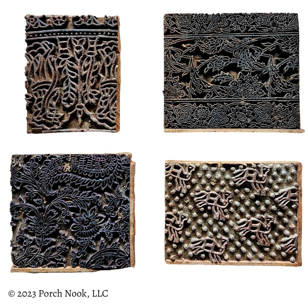 Vintage Hand Carved Textile Printing Blocks, Set of Four (4) – Large