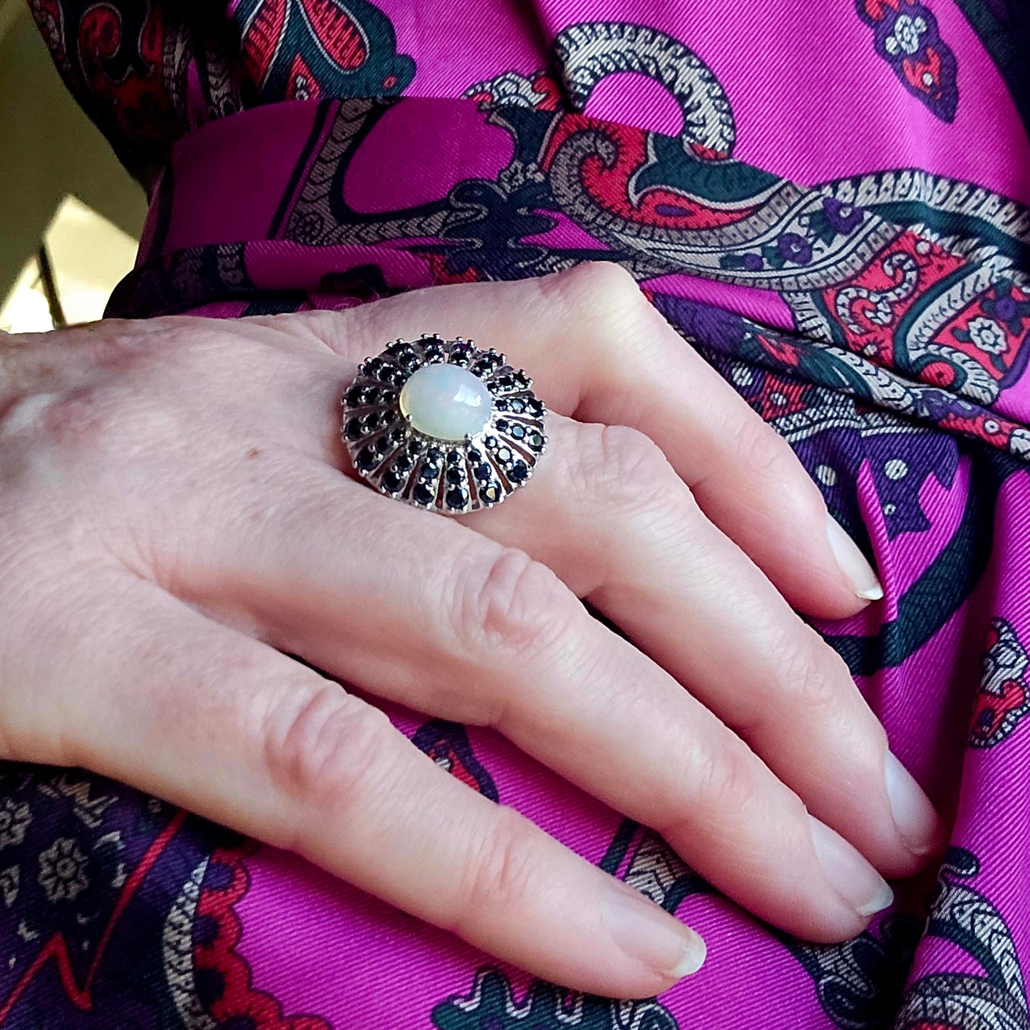 Vintage Sterling Silver Opal & Sapphire Sunburst Cocktail Ring, Mid-Century - modeled on hand