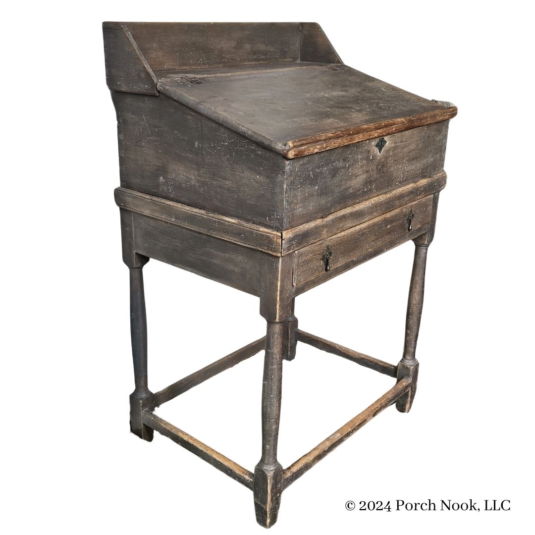 Porch Nook | Antique American Gray-Stained Pine School Master’s Slant Top Desk on Stained Maple Stand, Late 1700s-Early 1800s