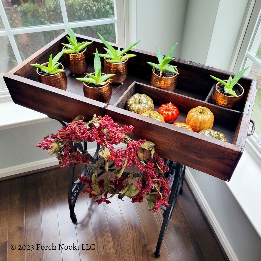 Porch Nook | Upcycled Antique Cast Iron Sewing Table Base with Removable Vintage Drawer Top