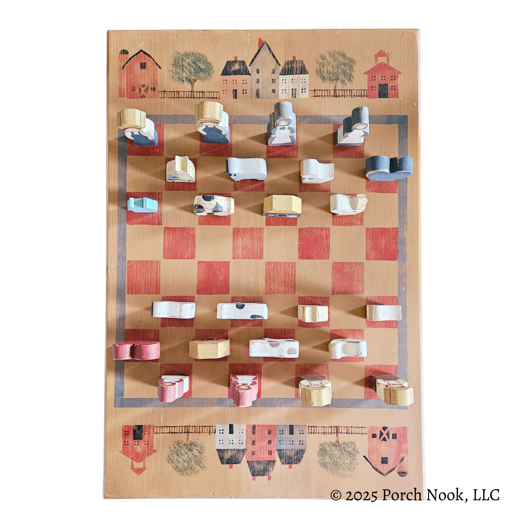 Porch Nook | Vintage Folk Art Wood Checkerboard and Chessboard with ...