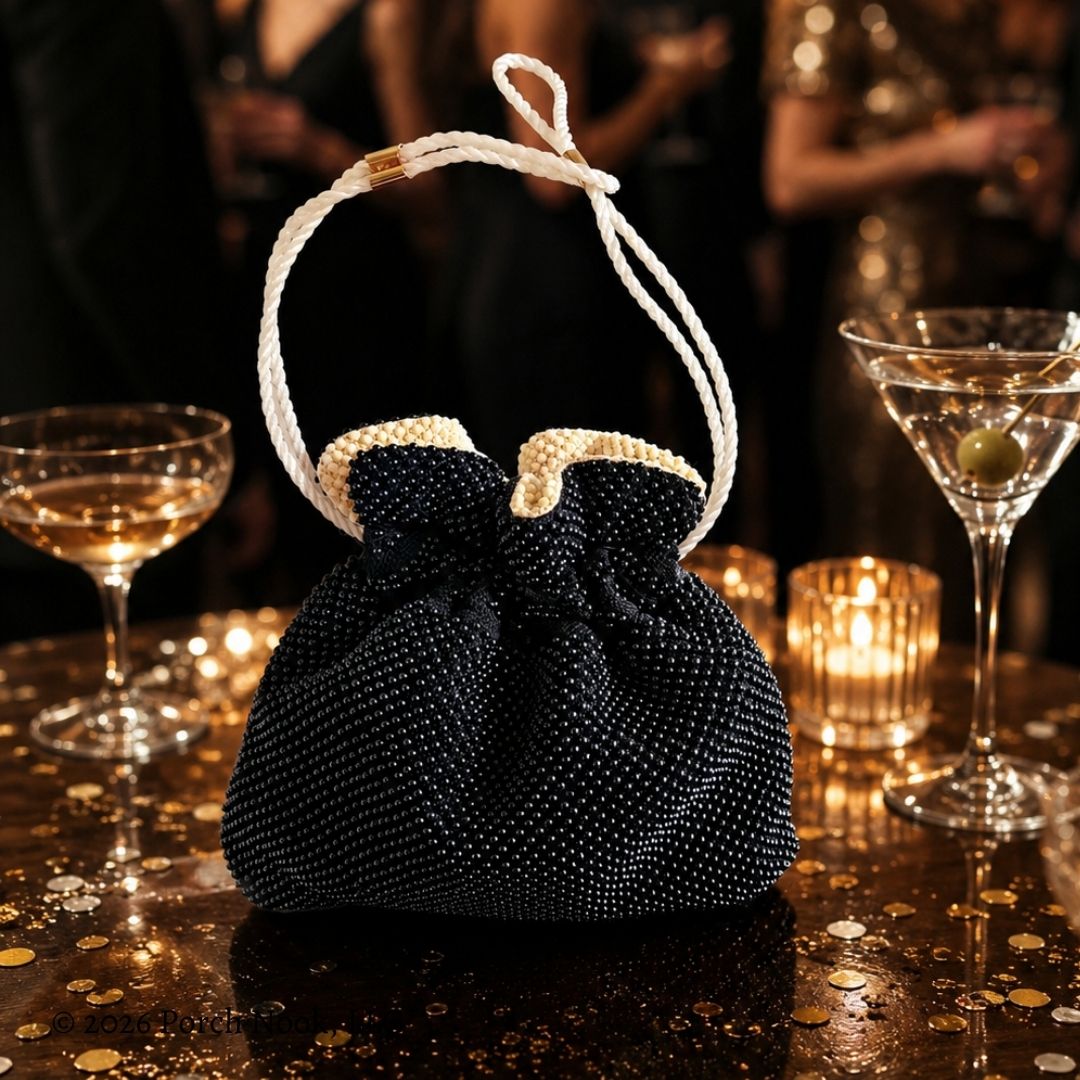 Vintage Reversible Black & Ivory Micro Beaded Drawstring Evening Bag on a table in a party setting