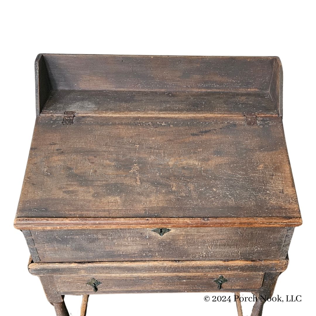 Porch Nook | Antique American Gray-Stained Pine School Master’s Slant Top Desk on Stained Maple Stand, Late 1700s-Early 1800s