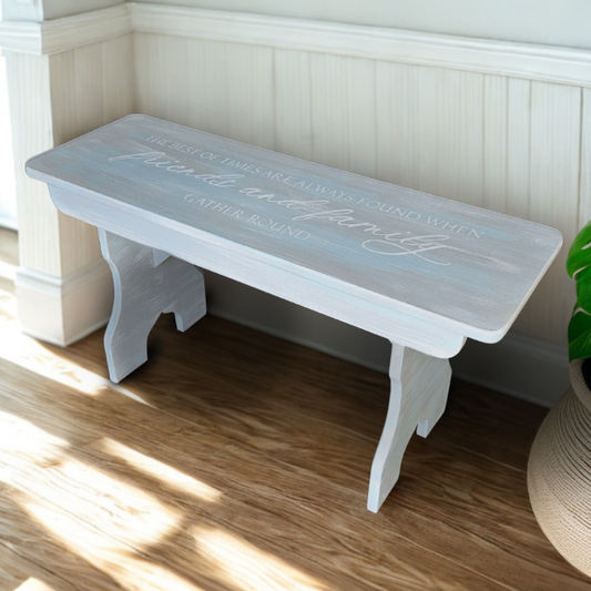 Vintage Solid Wood Bench, Hand-Painted Coastal Style with Quote