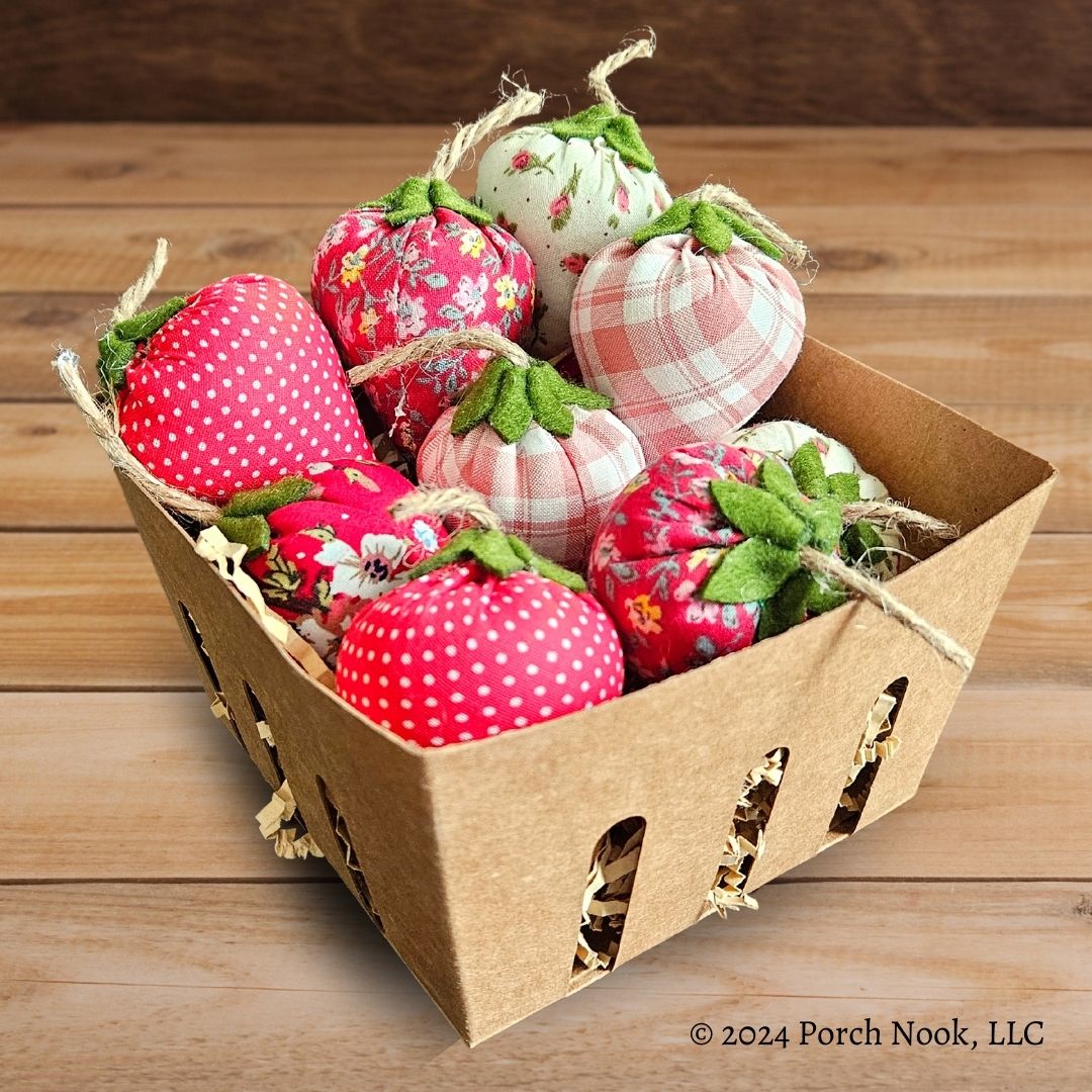 Porch Nook | Patchwork Fabric Strawberries & Basket, Set of 10