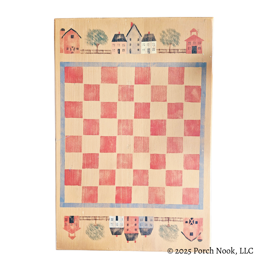 Porch Nook | Vintage Folk Art Wood Checkerboard and Chessboard with Game Pieces, Hand-Painted & Handmade