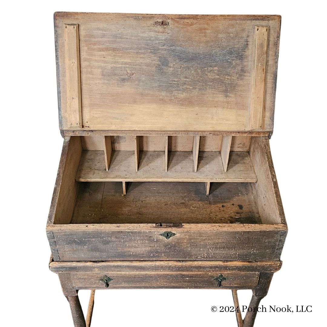 Porch Nook | Antique American Gray-Stained Pine School Master’s Slant Top Desk on Stained Maple Stand, Late 1700s-Early 1800s