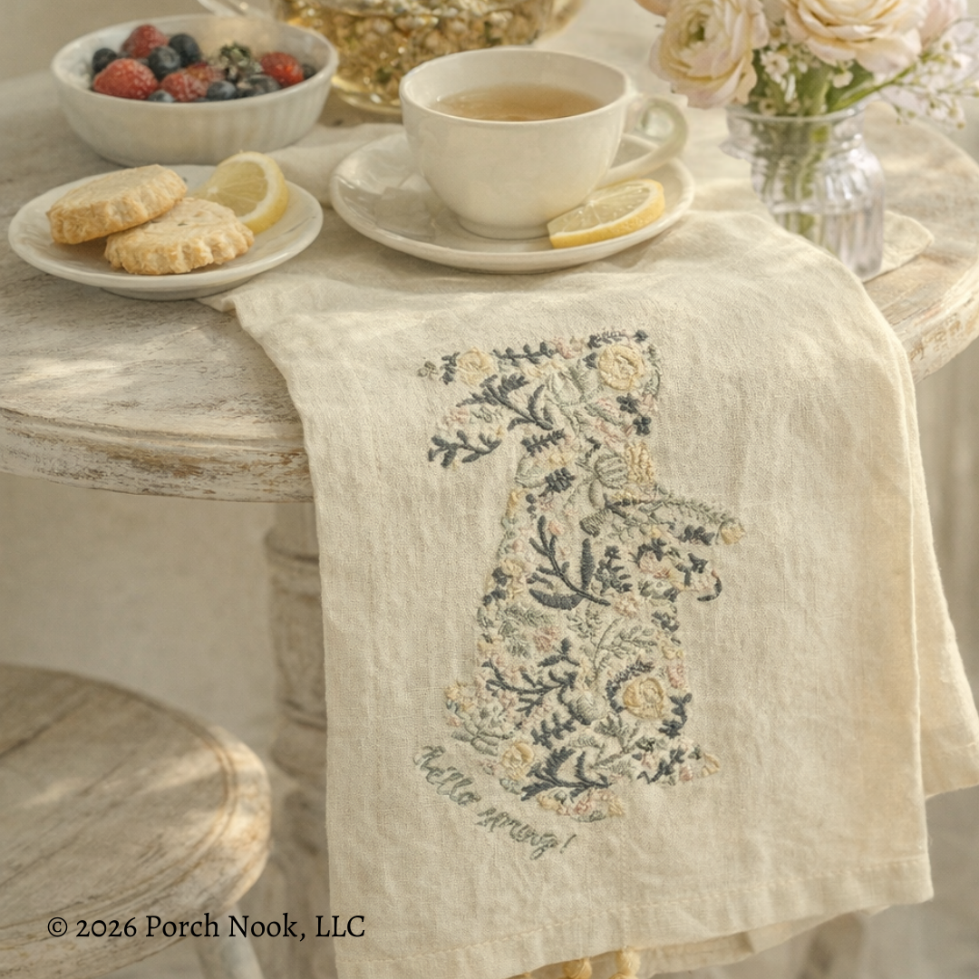 Tea cup with cookies and fruit on a table with a decorative towel featuring floral patterns.