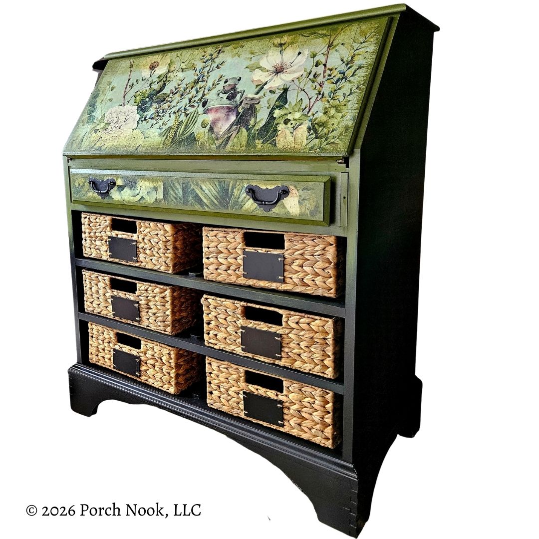 Hand-painted vintage secretary desk featuring ombre green to black finish, botanical rice paper decoupage on the writing surface front, and woven rattan basket drawers