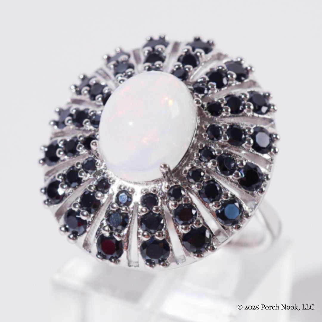 Vintage Sterling Silver Opal & Sapphire Sunburst Cocktail Ring, Mid-Century