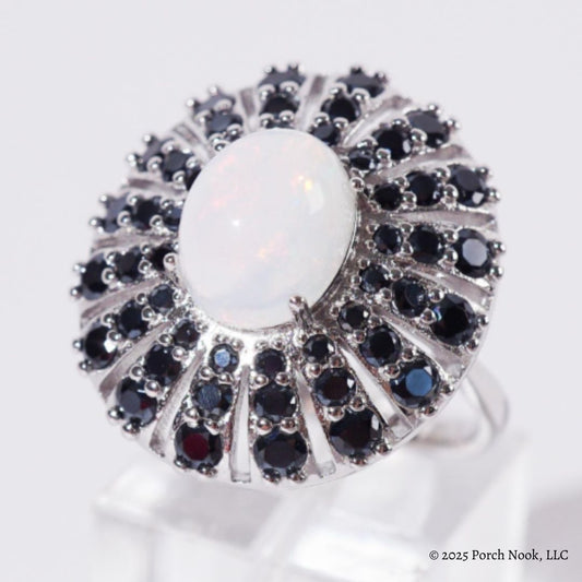 Vintage Sterling Silver Opal & Sapphire Sunburst Cocktail Ring, Mid-Century