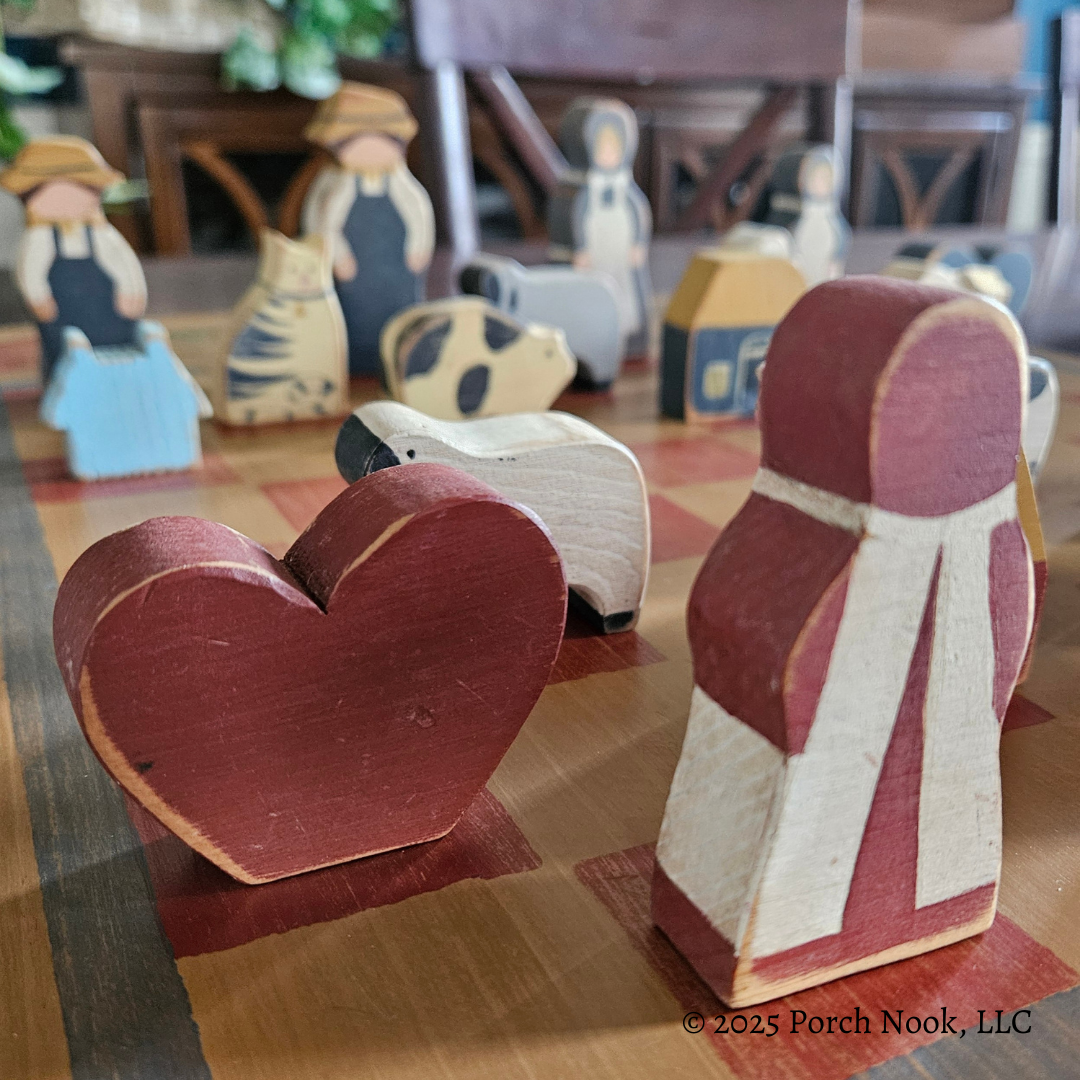 Porch Nook | Vintage Folk Art Wood Checkerboard and Chessboard with Game Pieces, Hand-Painted & Handmade