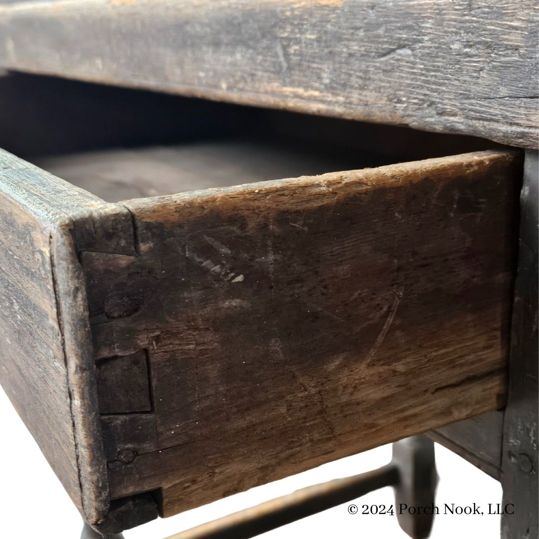 Porch Nook | Antique American Gray-Stained Pine School Master’s Slant Top Desk on Stained Maple Stand, Late 1700s-Early 1800s