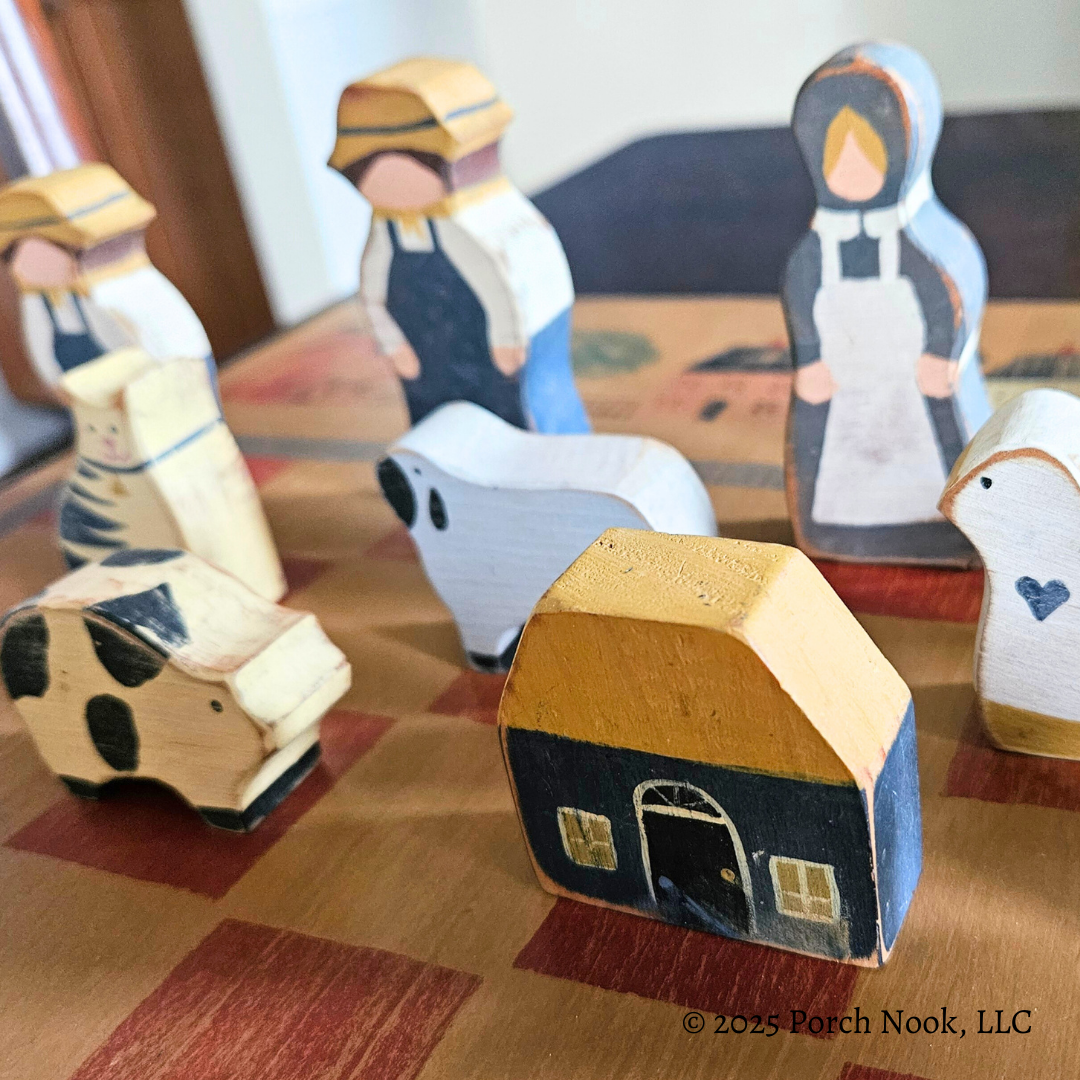 Porch Nook | Vintage Folk Art Wood Checkerboard and Chessboard with Game Pieces, Hand-Painted & Handmade