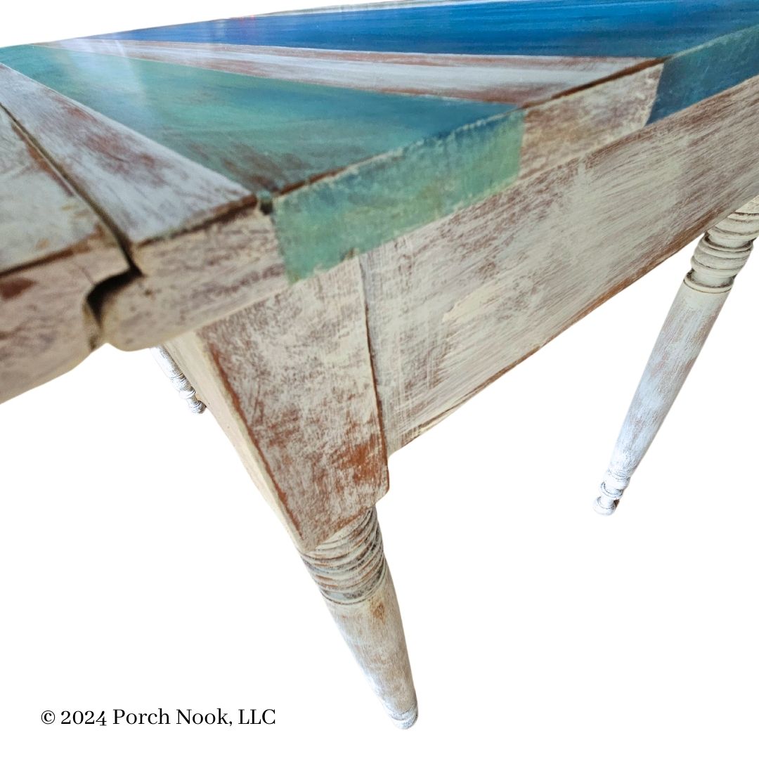 Porch Nook | Vintage Leaf Table with Rustic Coastal Charm, Hand Painted