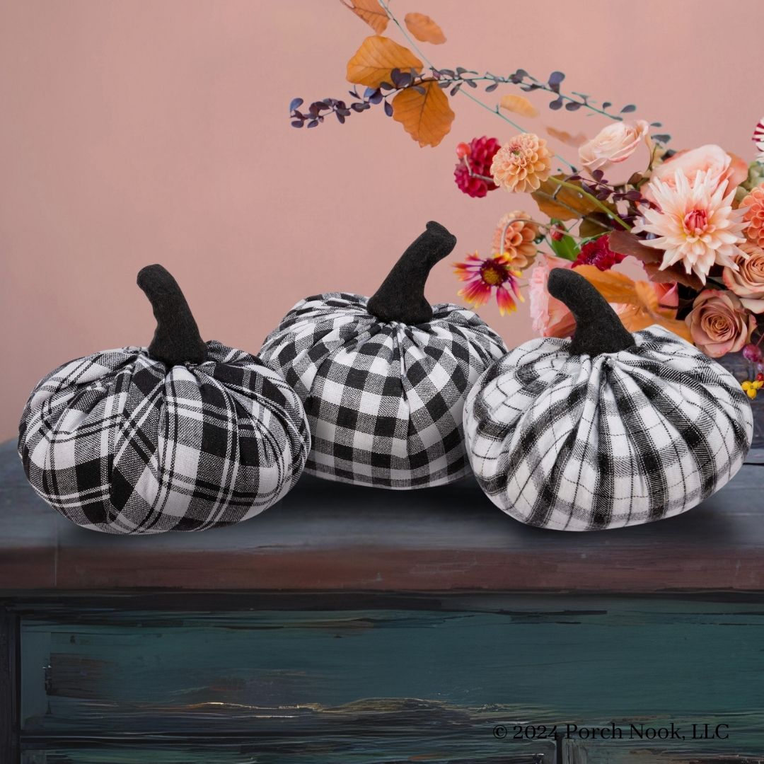 Porch Nook | Farmhouse Plaid Fabric Pumpkin, Black & White