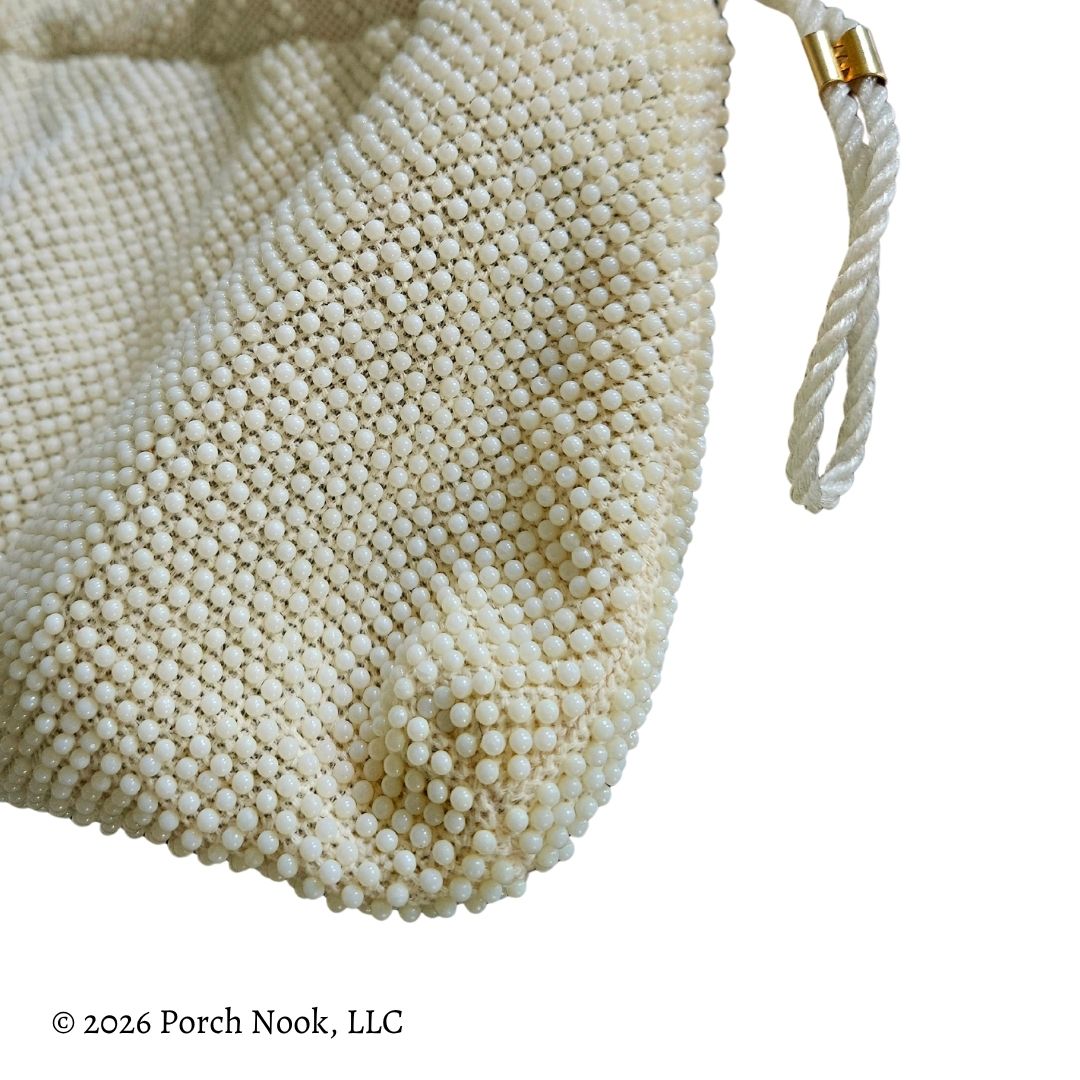 Vintage Reversible Black & Ivory Micro Beaded Drawstring Evening Bag, dense micro plastic seed beadwork applied over a textile backing.