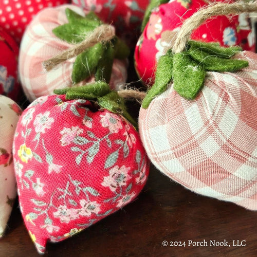 Porch Nook | Patchwork Fabric Strawberries & Basket, Set of 10