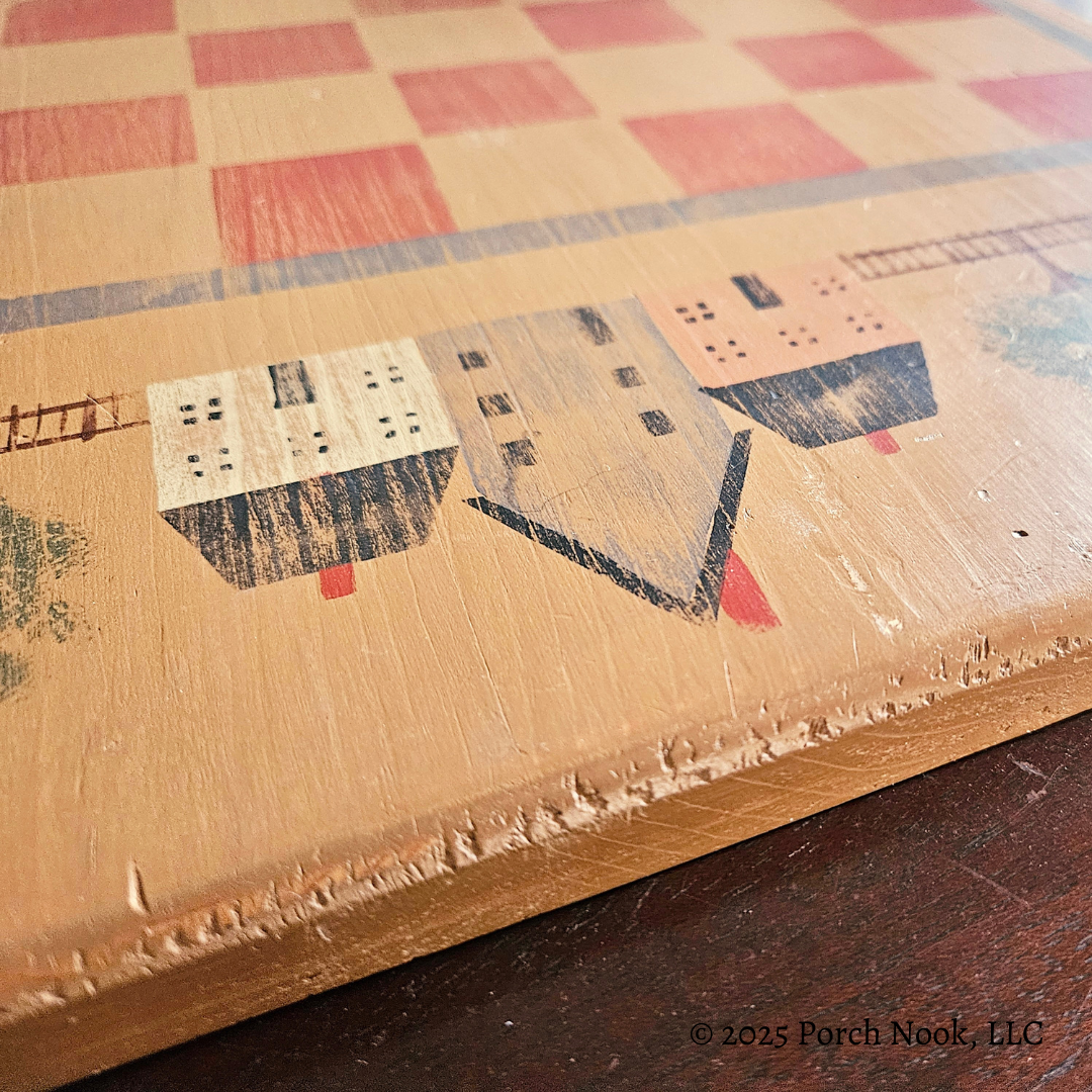 Porch Nook | Vintage Folk Art Wood Checkerboard and Chessboard with Game Pieces, Hand-Painted & Handmade