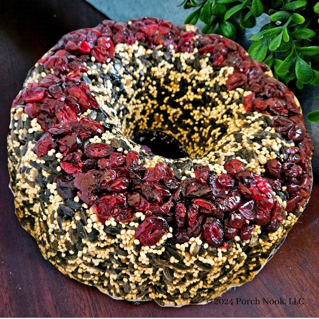 Porch Nook Birdseed Bundt Cake Wreath with Dried Fruit & Flowers