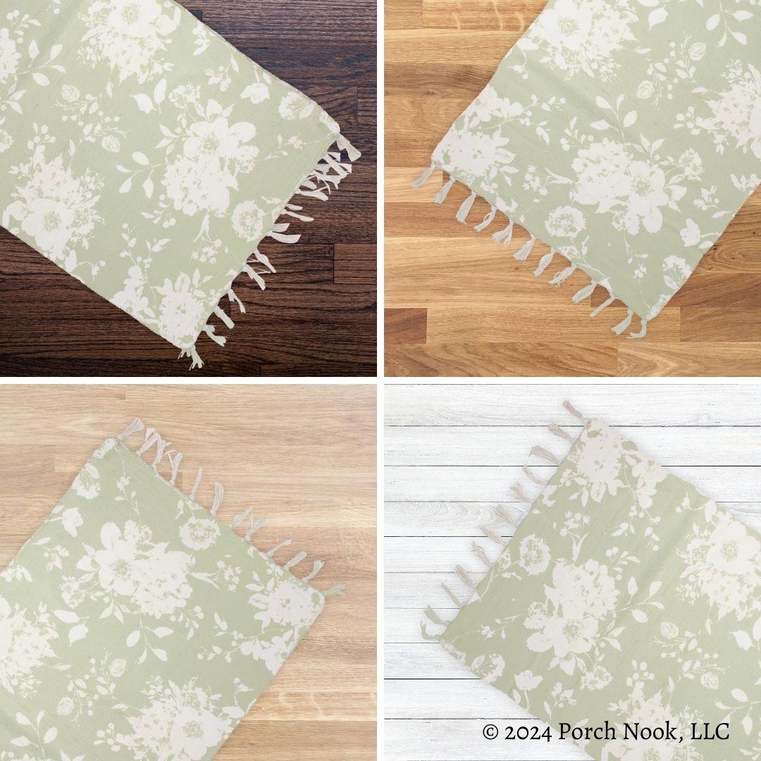 Porch Nook | Pastel Green Floral Tassel Area Rug, 34x20