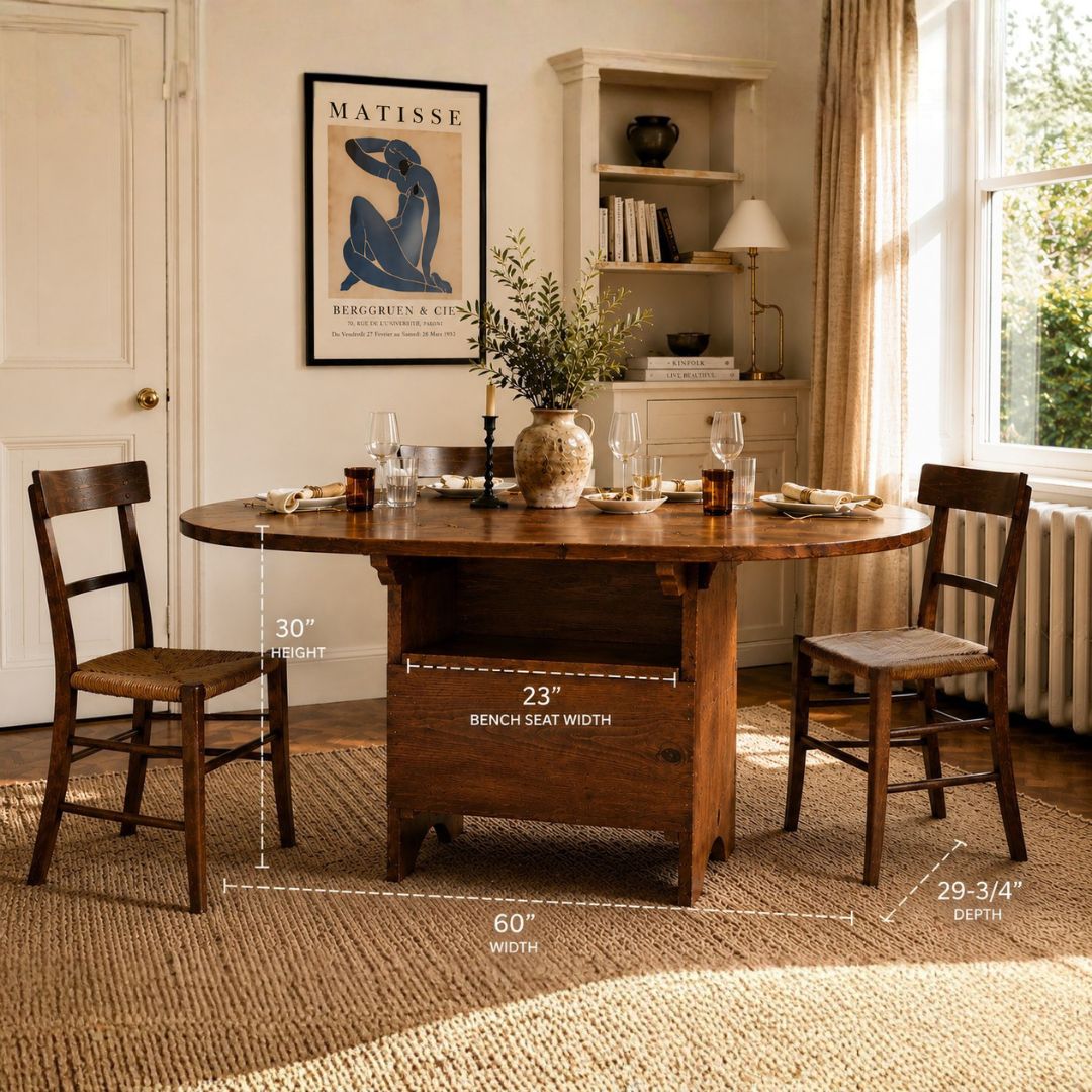 A wooden dining table set in a bright, styled dining room with four wooden chairs. White dimension lines and text overlays indicate the table's measurements: 30" height, 23" bench seat width, 60" width, and 29-3/4" depth.