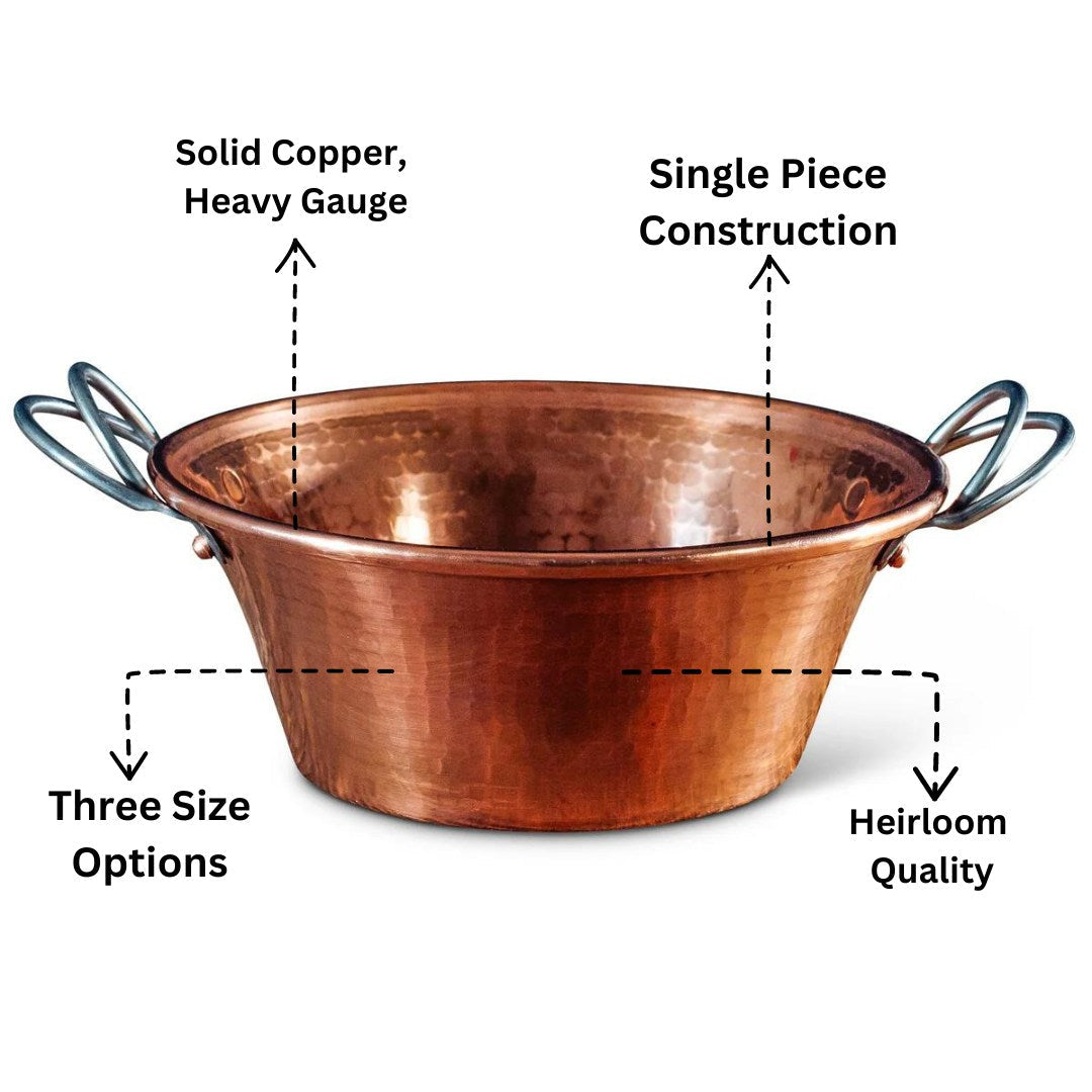 Copper pot with features labeled on a white background