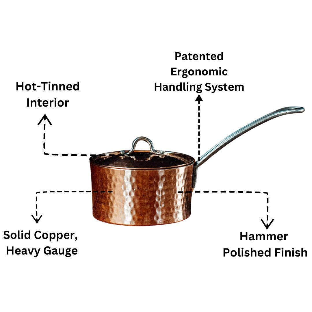 Copper saucepan butter pot with a lid on a white background with product features listed