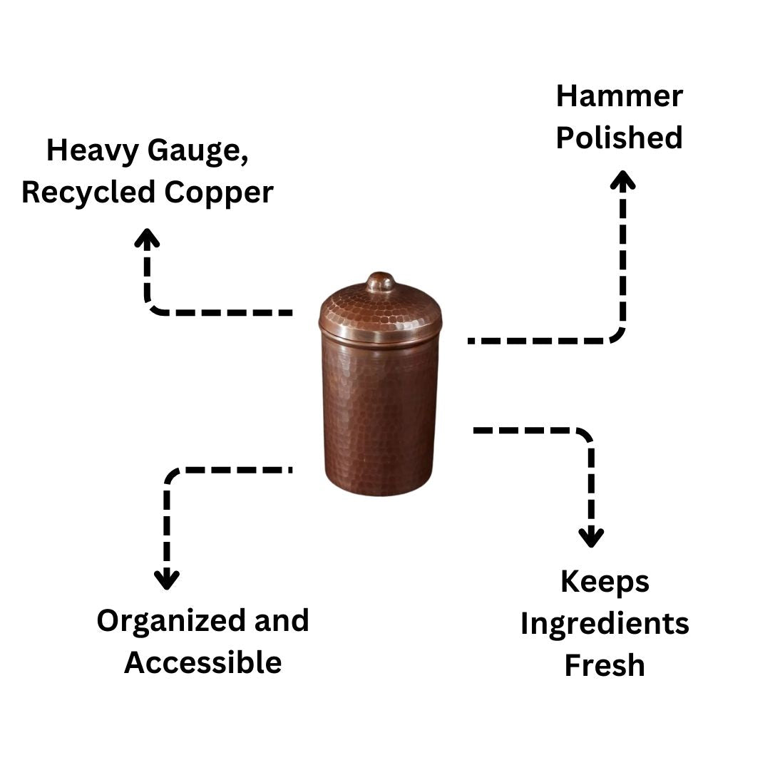 Copper cannister jar with text describing its features on a white background