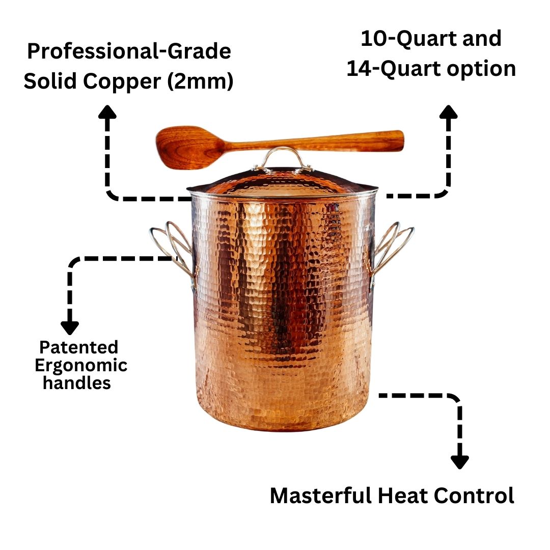 A copper stock pot on white background with features highlighted